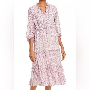 Aqua Pink Floral Print Ruffle Tiered Midi Dress Size L